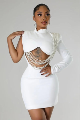 WHITE HOT PARTY DRESS WITH PEARL DETAIL