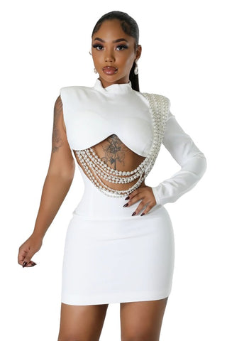 WHITE HOT PARTY DRESS WITH PEARL DETAIL