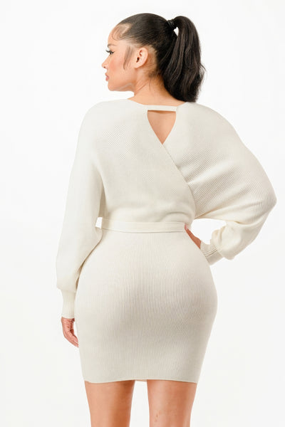 Off Shoulder Wrap Belted Ribbed Sweather Dress - Ivory