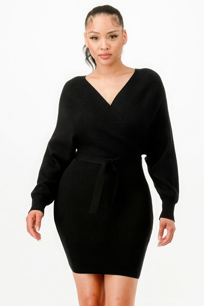 Off Shoulder Wrap Belted Ribbed Sweather Dress - Black