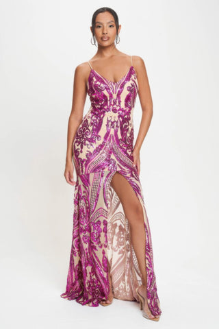 Spaghetti Strap Art Deco Sequins Maxi Dress - Fuschia